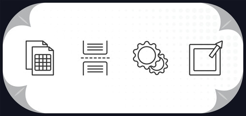 Poster - outline icons set - user interface concept. document with tables, page break, tings, external.