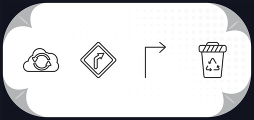 Poster - outline icons set - user interface concept. back up, right curve, right arrow with turn, recycling container.