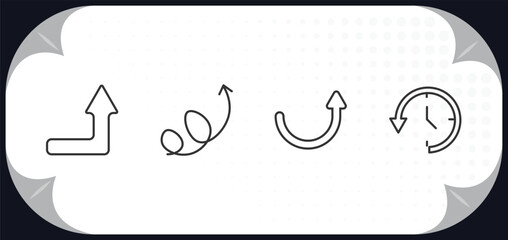 Poster - outline icons set - user interface concept. right up arrow, swirly arrow, curved up arrow, circular clock.