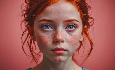 Poster - Young girl with red hair and blue eyes. She has a lot of freckles on her face