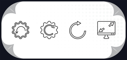 Poster - outline icons set - user interface concept. downward rotation, rotated right arrow, rotate arrow, display size.