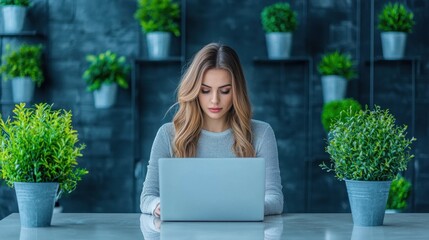 Poster - Professional woman typing on a laptop in a bright, modern office