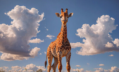 Aufkleber - Giraffe stands in front of a cloudy sky. The giraffe is looking up at the sky, and the clouds are scattered across the sky. The scene has a peaceful and serene mood