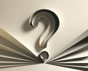 Poster - A large question mark cut from beige paper pages of an open book, creating a three-dimensional effect symbolizing curiosity, inquiry, and knowledge seeking