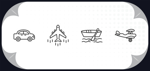 Poster - outline icons set - transportation concept. automobile, airliner, dugout canoe, crop duster.
