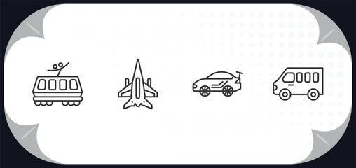 Poster - outline icons set - transportation concept. light rail, military airplane, sport car, minibus.