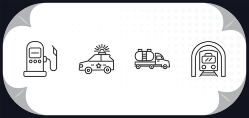 Poster - outline icons set - transportation concept. fuel dispenser, police car, tanker, train in a tunnel.