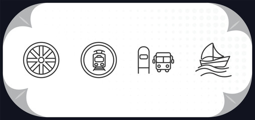 Poster - outline icons set - transport concept. alloy wheel, tram stop label, scholar bus stop, sailing.