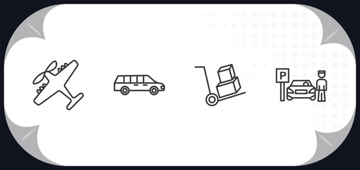 Poster - outline icons set - transport concept. light aircraft, long car, cart with boxes, parking men.
