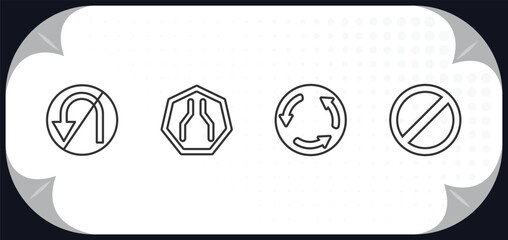 Poster - outline icons set - traffic signs concept. no turn, narrow road, roundabout, forbidden.