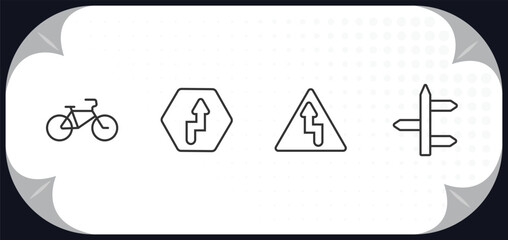 Poster - outline icons set - traffic signs concept. bicycle, right reverse bend, right bend, crossroad.