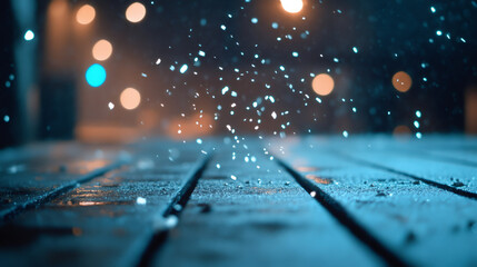 Aufkleber - Snowflakes falling on a wet wooden surface at night, creating a magical atmosphere with bokeh lights in the background