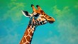 © VRVisionary - Close-up side view portrait of a giraffe against a green and blue background.