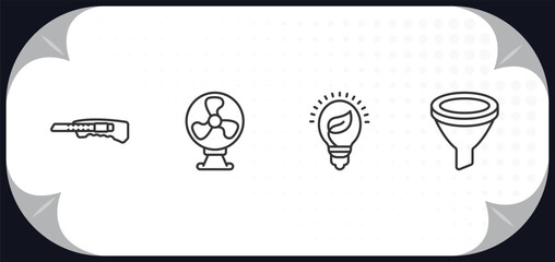 Poster - outline icons set - tools and utensils concept. paper cutter, table fan, eco light bulb, filtering.