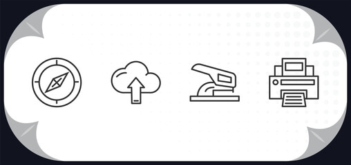 Poster - outline icons set - tools and utensils concept. orientation compass, up arrow and cloud, hole puncher, blank paper and printer.