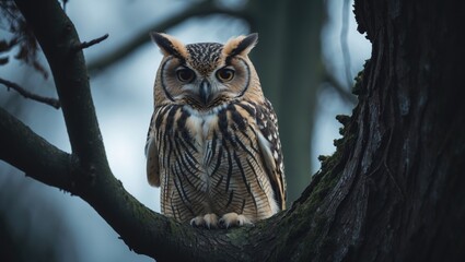 Close-up image of a short-eared owl perched on a tree.