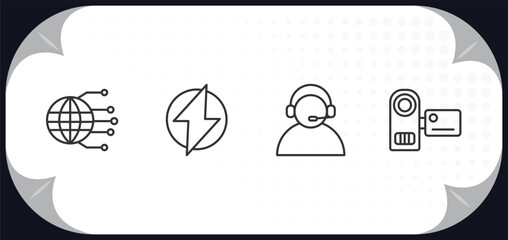 Poster - outline icons set - technology concept. globe connected circuit, electric, telemarketing, little camcorder.