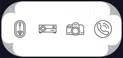Poster - outline icons set - technology concept. wireless mouse, cinema projector, reflex photo camera, reciever.
