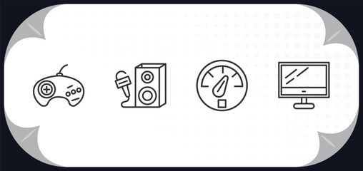 Poster - outline icons set - technology concept. sega gamepad, entertainer, vehicle speedometer, computer screen linux.