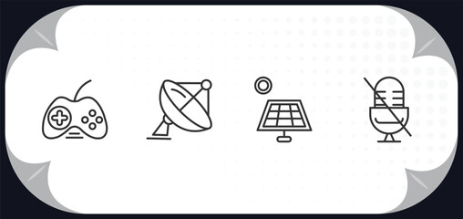 Poster - outline icons set - technology concept. big joystick, dish, frontal solar panel, microphone mute.