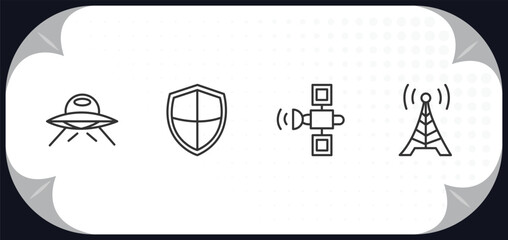 Poster - outline icons set - technology concept. science fiction, shields, space satellite, frequency antenna