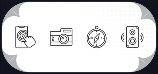 Poster - outline icons set - technology concept. touchscreen, vintage digital camera, basic compass, sound box.