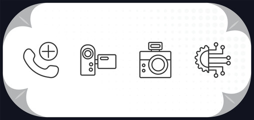 Poster - outline icons set - technology concept. add call, video camera front view, retro squared camera, technology.