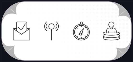 Poster - outline icons set - technology concept. received, antenna, stopwatch running, teletransportation.