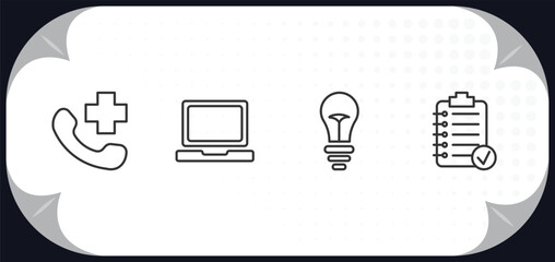 Poster - outline icons set - technology concept. hospital phone, laptop frontal monitor, old light bulb, summ