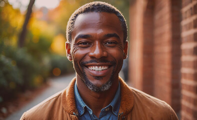 Poster - Man with a beard and a smile is standing in front of a brick wall. He is wearing a brown jacket and blue shirt