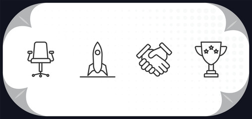 Poster - outline icons set - strategy concept. desk chair, startup, deal, winner.