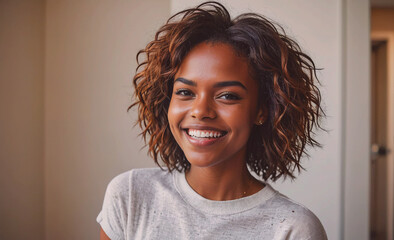 Poster - Woman with curly hair is smiling and wearing a white shirt. She is standing in front of a white wall