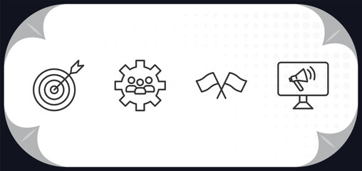 Poster - outline icons set - strategy concept. target, teamwork, racing, advertising.