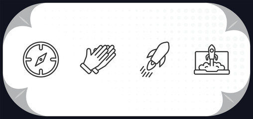 Poster - outline icons set - startup stategy and concept. exploration, clap, quick, startup laptop.