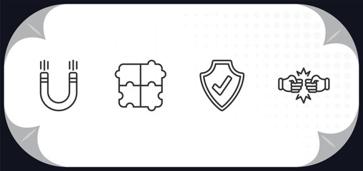 Poster - outline icons set - startup stategy and concept. attractive, jigsaw, validate, rivalry.