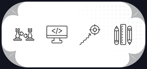 Poster - outline icons set - startup stategy and concept. fight, web development, purpose, stationery.