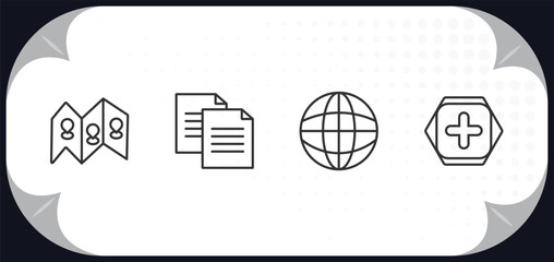 Poster - outline icons set - signs concept. map and map pointer, copying, grid world, addition thick.