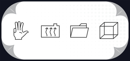 Poster - outline icons set - shapes concept. four finger in hand, engine coolant, open folder, geometry cube.