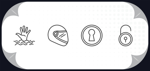 Poster - outline icons set - security concept. drowning, motorbike helmet, keyhole, padlock close.