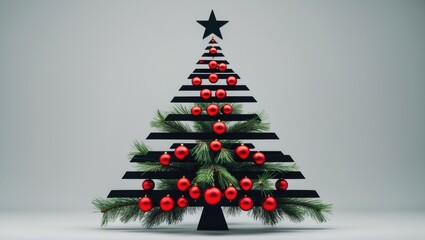 Poster - Christmas creative concept. Background featuring a Christmas tree adorned with red balls.