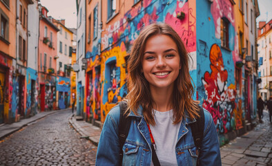 Aufkleber - Woman is smiling in front of a colorful building. She is wearing a blue jacket and a white shirt