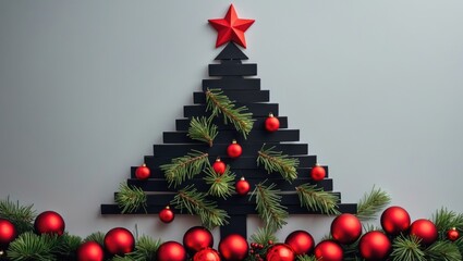 Poster - Christmas creative concept featuring a Christmas tree adorned with red balls against a backdrop.