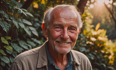 Aufkleber - Man with a beard and gray hair is smiling. He is wearing a brown jacket and blue jeans