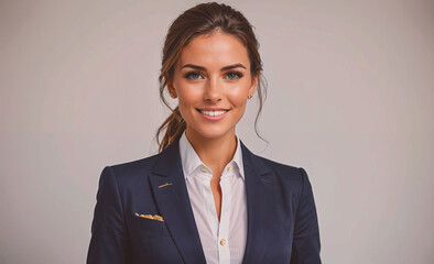 Poster - Woman in a business suit is smiling and looking at the camera. She is wearing a blue jacket and a white shirt