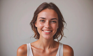 Poster - Woman with a smile on her face. She is wearing a white tank top. Concept of happiness and positivity