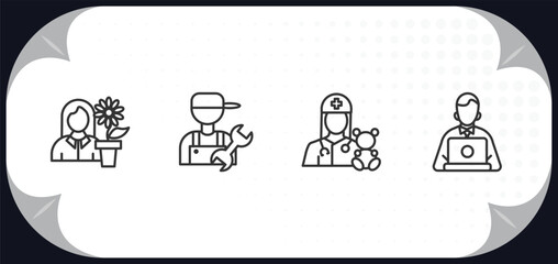 Poster - outline icons set - professions concept. florist, plumber, pediatrician, programmer.