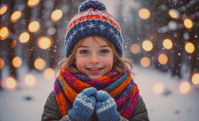 Poster - Young girl wearing a colorful scarf and a blue hat is smiling. The scene is set in a snowy environment, with lights in the background. The girl appears to be enjoying the winter weather and the