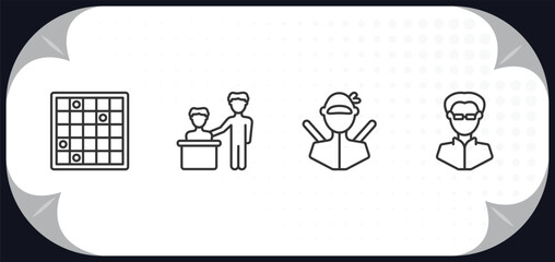 Poster - outline icons set - people concept. family board games, boss and worker, ninja portrait, matrix.