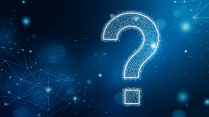Poster - Glowing large question mark, polygonal style, on dark-blue bokeh background, symbolizing inquiry, uncertainty, or problem-solving