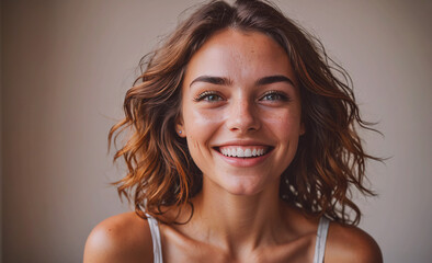 Poster - Woman with brown hair and a white tank top is smiling. She has a bright, happy expression on her face